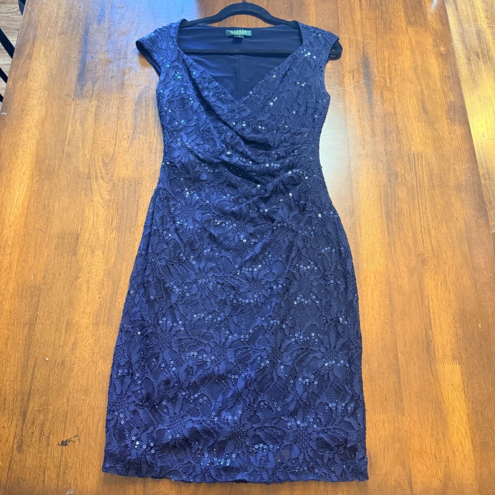 Lauren Ralph Lauren Navy Blue Lace Sequin Ruched Sheath Dress Size 8